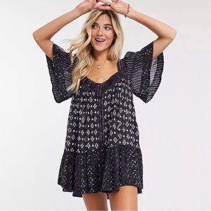 Free People Hearts Desire Black Button Flutter Sleeve Boho Beach Casual Dress